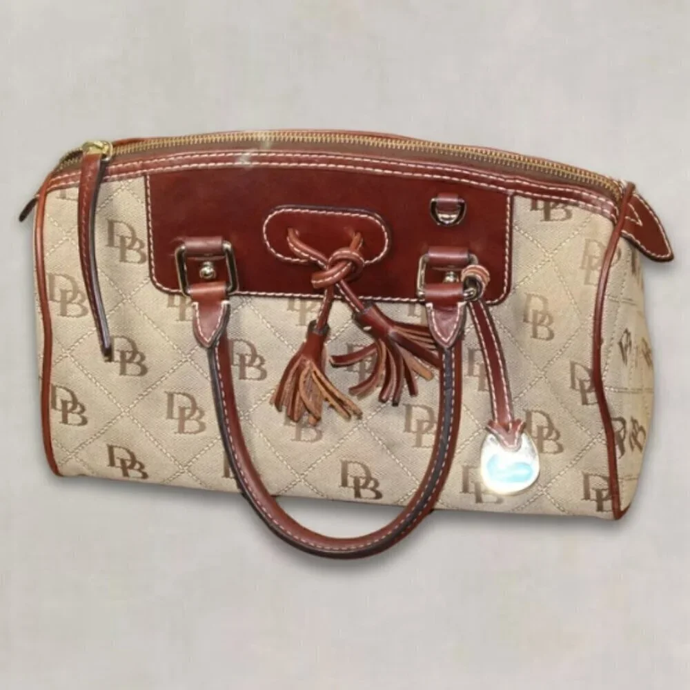 Dooney & Bourke Satchel Bag Domed Tassel Quilt Signature Canvas Leather Handle M